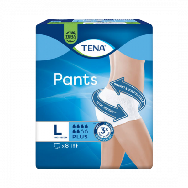 TENA Pants Plus Größe L (Hüftumfang 100 bis 135 cm), mittlere bis schwere Blasenschwäche, 8 Stück